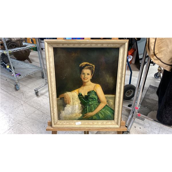 ORIGINAL OIL ON BOARD PAINTING " PORTRAIT OF LADY IN GREEN DRESS" (19" X 23" FRAMED)