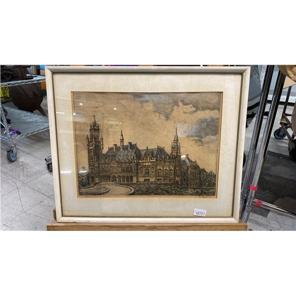 FRENCH ETCHING PRINT "COUNTRY CASTLE SCENE"  SIGNED (17" X 20 3/4" FAMED)