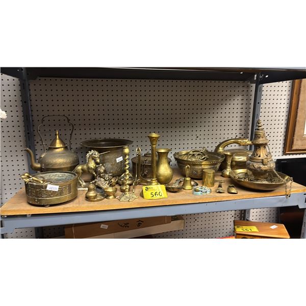 SHELF OF VINTAGE BRASS ITEMS: CHURCH CENSER, BOWLS, KETTLE, PLANT POTS, CANDLESTICKS & MORE