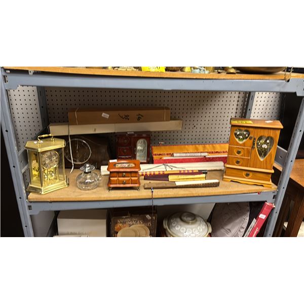 SHELF OF VINTAGE ITEMS: FANS, ASIAN SCROLLS, JEWELRY BOXES, ANNIVERSARY CLOCK & MORE