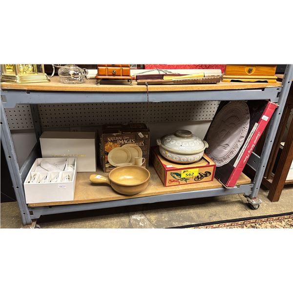 SHELF OF VTG. ITEMS: CERAMIC TURKEY PLATTER, DONABE POT, STONEWARE FONDU POT, MARUI CERAMIC TEA CUP
