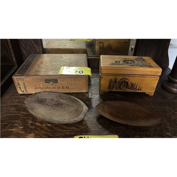 VINTAGE WOOD BENSON & HEDGES CIGAR BOX, WOOD TRINKET BOX & (2) WOOD OVAL SHALLOW BOWLS