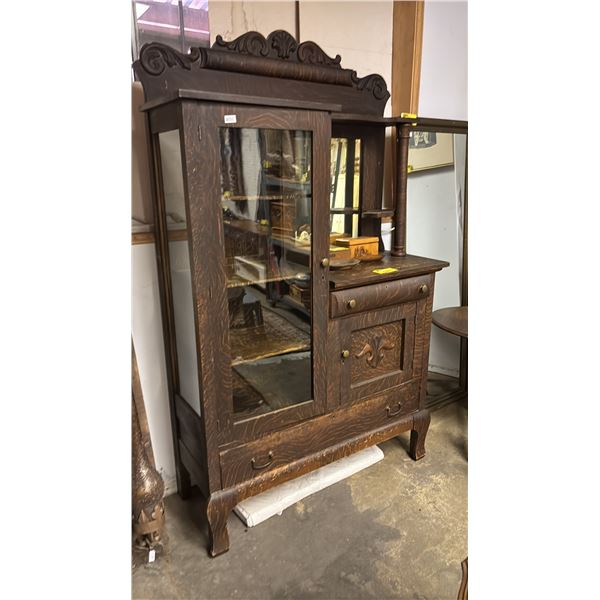 VINTAGE WOOD VICTORIAN COMBINATION SIDEBOARD & CHINA CABINET WITH MIRROR