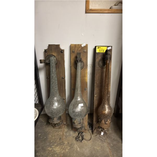 (3) VINTAGE WALL-MOUNTED ELECTRIC WALL SCONCES WITH GLASS TEARDROP SHADES: APPROX. 36" TALL