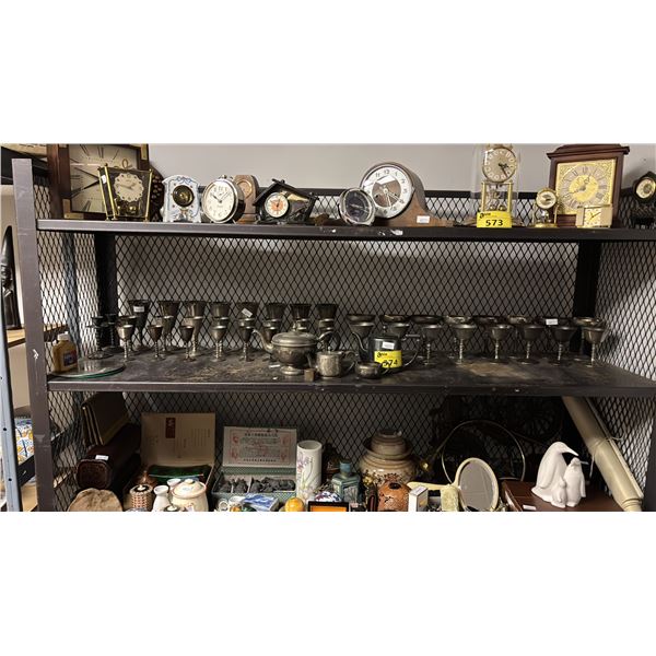 SHELF OF SILVER PLATED WINE GLASSES, CHAMPAGNE GLASSES, LIQUEUR/SHERRY GLASSES, TEAPOTS & MORE