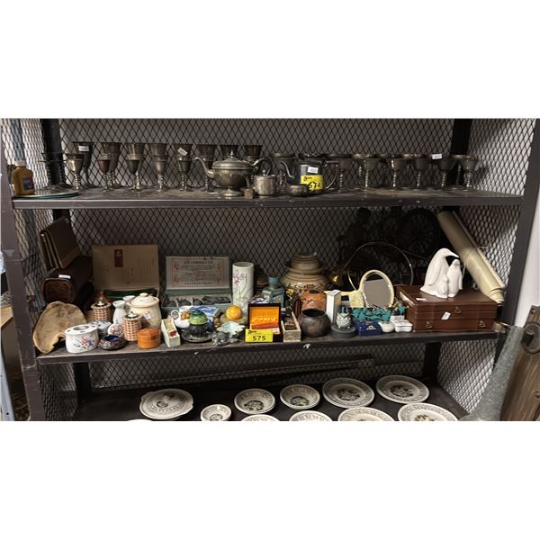 SHELF OF ASSTD, VINTAGE ITEMS: JEWELRY BOXES, VASES, TERRA COTTA WARRIOR FIGURES & MORE