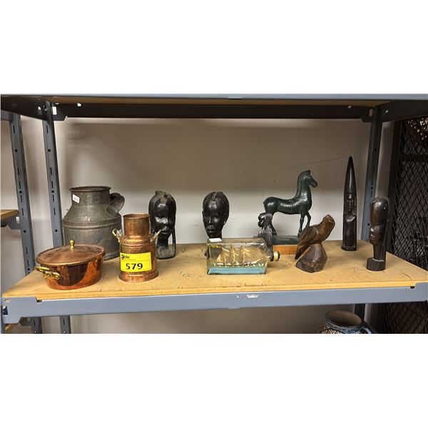 SHELF OF ASSTD. VTG. DECOR: SHIP IN A BOTTLE, CARVED WOOD FIGURES, MINI COPPER MILK CHURN & MORE