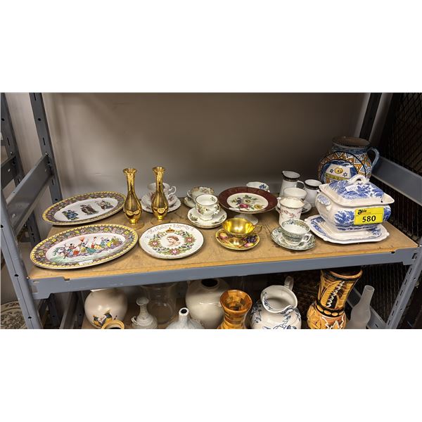 SHELF OF ASSTD. VINTAGE CHINA & POTTERY VASES INCLUDING: SOUP TUREEN, ASIAN PLATES, TEACUPS & MORE
