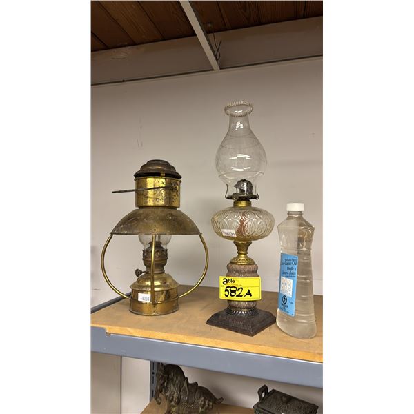 VINTAGE OIL PARLOR LAMP & VINTAGE BRASS NAUTICAL TRAWLER KEROSENE LAMP