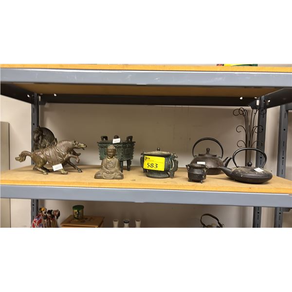 SHELF OF VINTAGE ASIAN CLAY TEAPOTS & VINTAGE ASIAN METAL CONTAINERS & SCULPTURES
