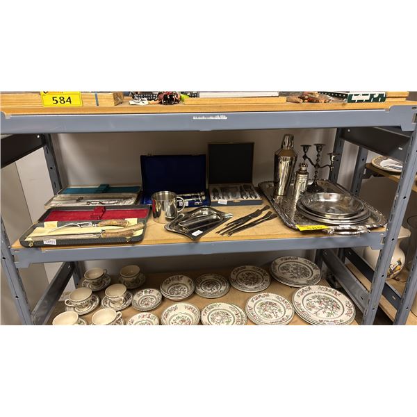 SHELF OF ASSTD. VINTAGE & MODERN ITEMS: METAL PLATES, MARTINI SHAKER, CARVING SETS & MORE
