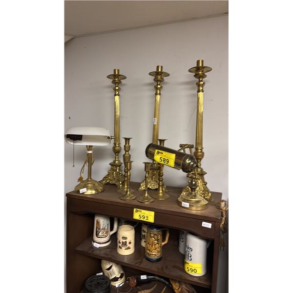 SHELF OF ASSORTED BRASS LAMPS & CANDLESTICKS