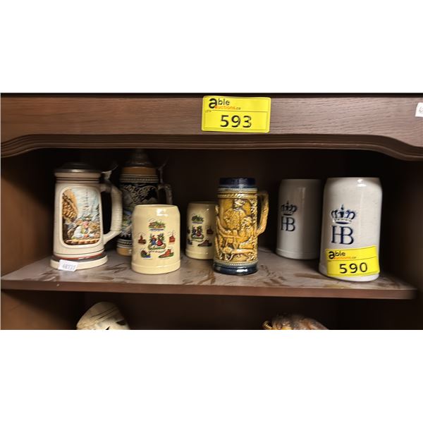 SHELF OF ASSORTED VINTAGE BEER STEINS
