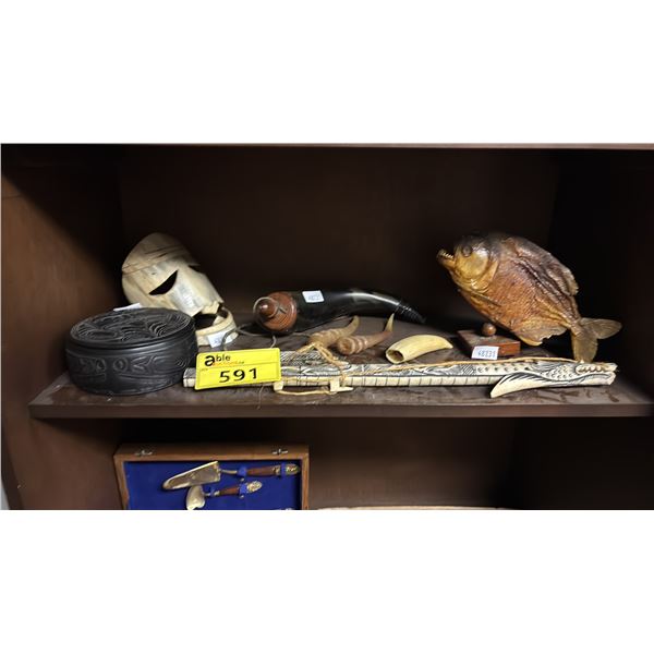 SHELF OF INDIGENOUS DECORATIVE ITEMS: TAXIDERMY PIRANHA, BLOW DART GUN, FIRST NATIONS LIDDED BOX &