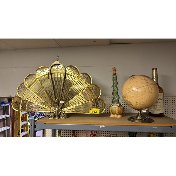 VTG. BRASS FIREPLACE SCREEN, VTG WORLD GLOBE & VTG. LARGE WINE BOTTLE & CANADIAN CLUB BOTTLE (EMPTY)
