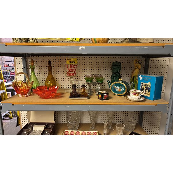 SHELF OF ASSTD. VTG. RUBIK'S CUBE & GLASSWARE: CHALET GLASS, DECANTERS, TEAPOT & MORE