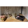 Image 4 : SHELF OF VTG. GLASSWARE: BOHEMIAN CRYSTAL DECANTER SET, RUBY CUT TO CLEAR GLASSES & ASSTD. VASES