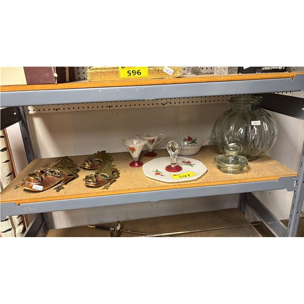 VINTAGE INDIANA GLASS "RED TULIP" GLASSWARE, METAL WALL MASKS & LARGE GLASS LIDDED CONTAINER