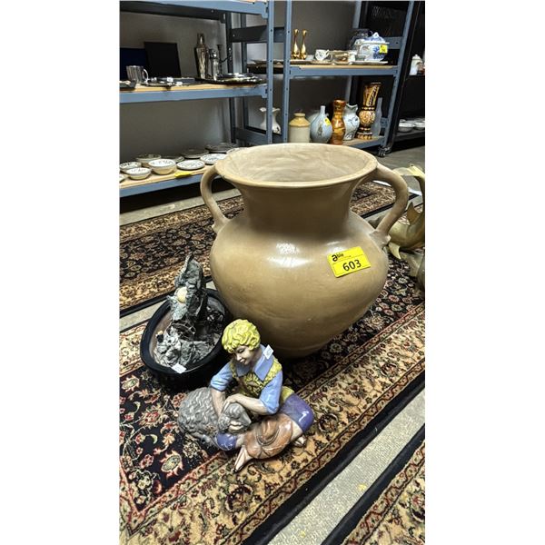 LARGE 25" TALL PLANT POT, ELECTRIC WATER FEATURE & SHEPHERD BOY WITH LAMB STATUE