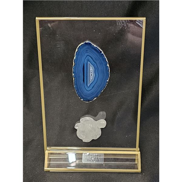CLEAR QUARTZ TURTLE & AGATE SLICE ON CLEAR ACRYLIC DISPLAY STAND
