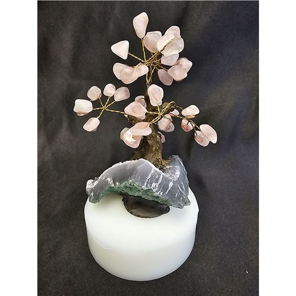 ROSE QUARTZ TREE WITH AMETHYST GEODE ON ROUND PEDESTAL