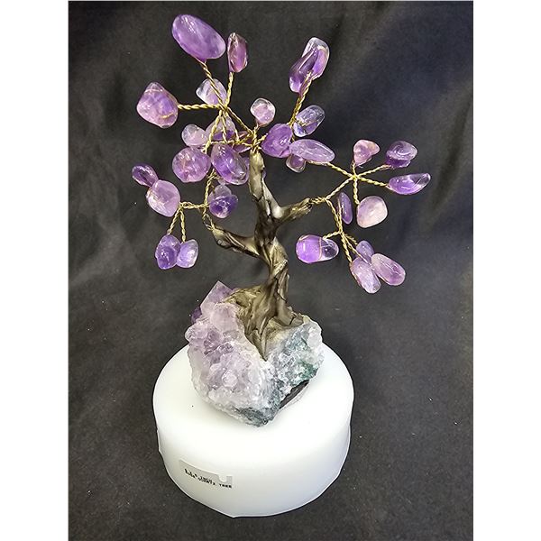 AMETHYST TREE WITH AMETHYST GEODE ON ROUND PEDESTAL