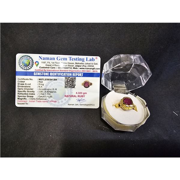 22KT GOLD PLATED OVAL CUT NATURAL RUBY RING WITH NGTL CERTIFICATE: SIZE 5