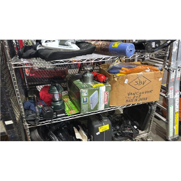 SHELF OF ASST. ITEMS INCL. COLEMAN SINGLE INFLATABLE BED, CAMPING TOOLS AND BOX OF INFLATABLE BOAT