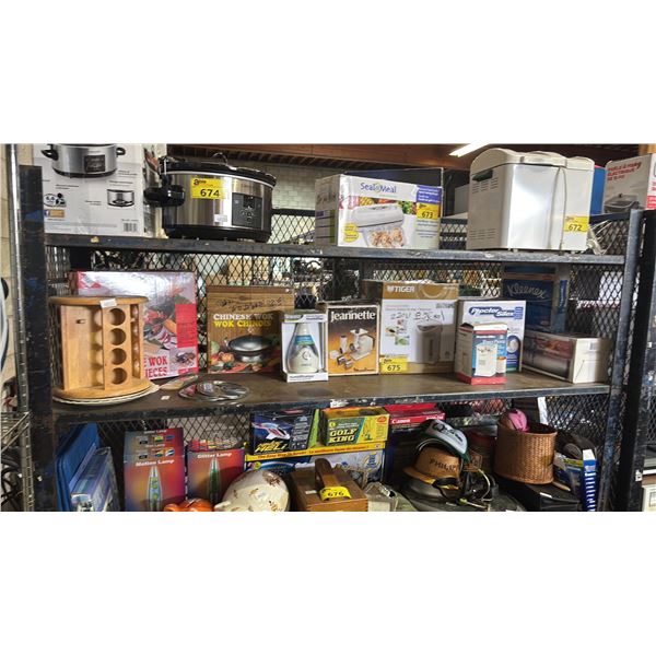 SHELF OF ASSORTED ITEMS INCL. TIGER ELECTRIC WATER HEATER, CHINESE WOK, HOMEDIC ULTRASONIC HUMIDIFIR