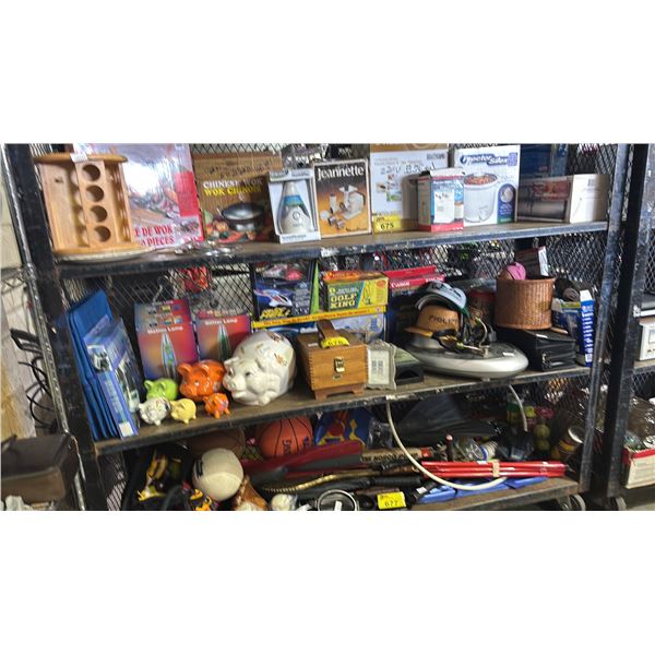 SHELF OF ASST. ITEMS INCL. MOTION LAMPS, HURRICANE SPIN SCRUBBER, CERAMIC PIGGY BANKS AND MORE