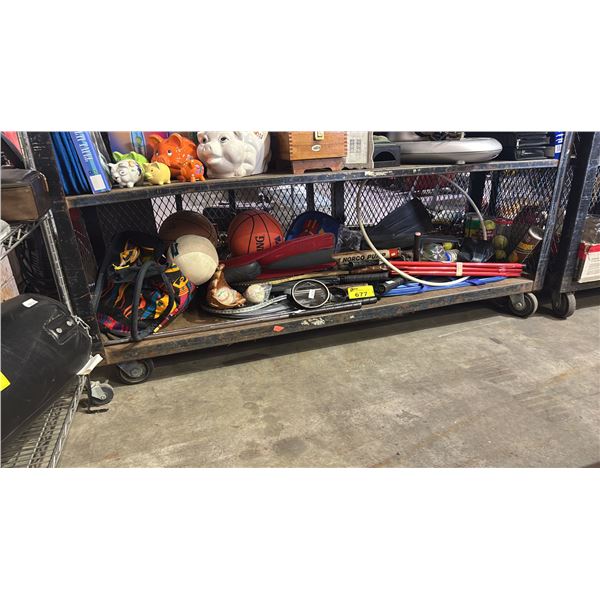 SHELF LOT OF ASST. SPORTS ITEMS INCL. TENNIS RACKETS & BALLS, BASKET BALL, BASEBALL GLOVES AND MORE