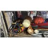 Image 2 : SHELF LOT OF ASST. SPORTS ITEMS INCL. TENNIS RACKETS & BALLS, BASKET BALL, BASEBALL GLOVES AND MORE