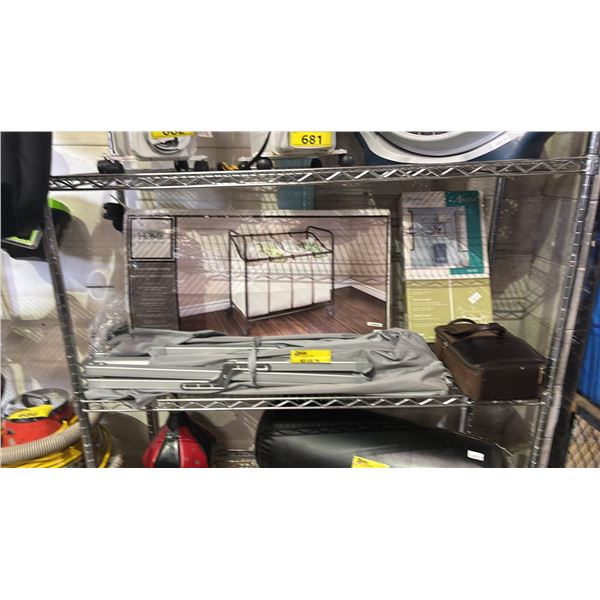 SHELF LOT OF HOME STUDIO 4 BAG LAUNDRY SORTER, SAUDER BATH WALL SHELF AND MORE
