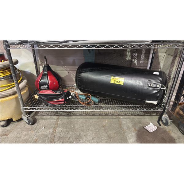 SHELF LOT OF ASSORTED HANGING BOXING BAGS AND JUMPING ROPE
