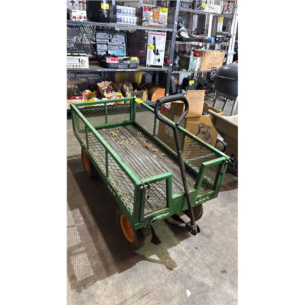 GREEN HEADY DUTY STEEL MESH GARDEN UTILITY CART WITH PNEUMATIC TIRES AND LONG PULL HANDLE