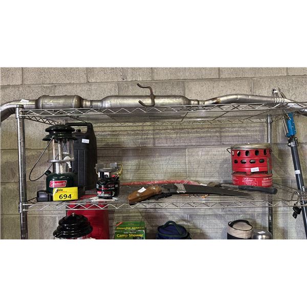 SHELF OF ASSORTED COLEMAN LANTERN, STOVE , KNIFE AND MORE