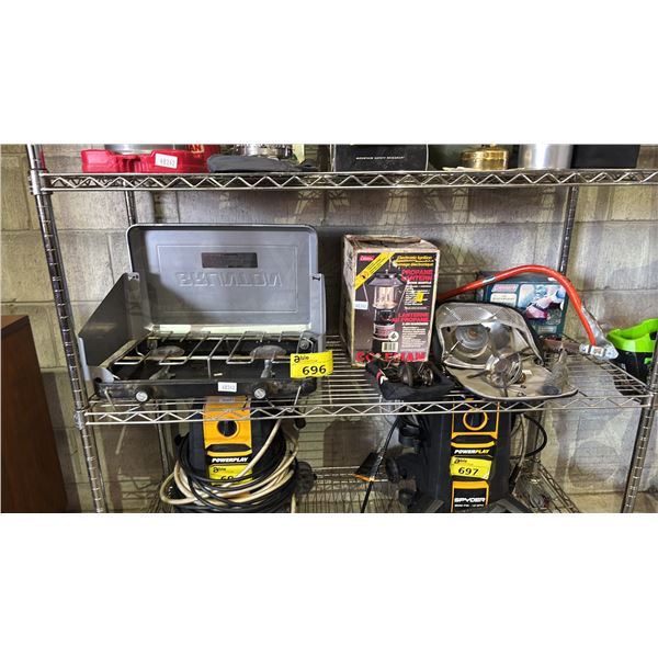 SHELF OF ASSORTED CAMPING SUPPLIES INCLUDING BRUNTON 2 BURNER STOVE, PROPANE LANTERN, QUICK PUMP