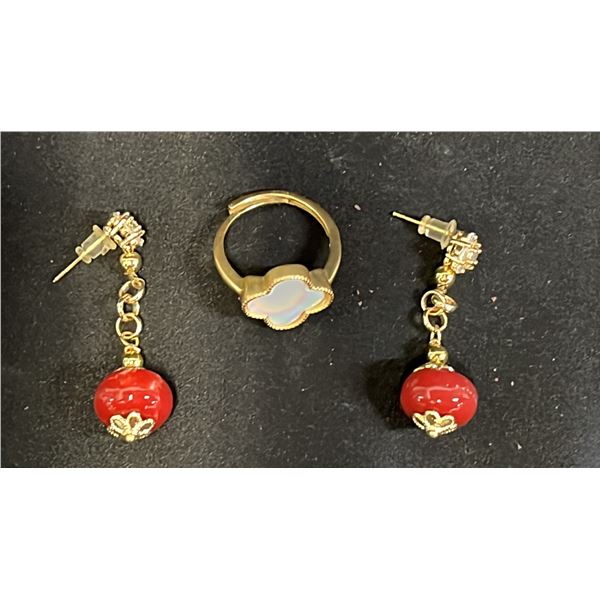 PAIR OF RED CORAL EARRINGS & RING