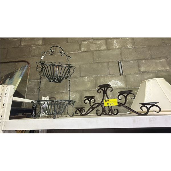5-CANDLE TIERED METAL STAND & 2-TIER WROUGHT IRON BASKET STAND