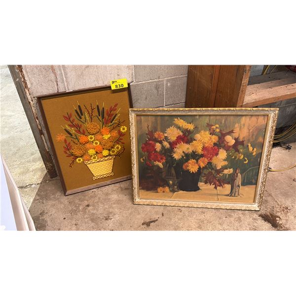 FRAMED KNITTED FLORAL ARTWORK & FRAMED FLORAL ACRYLIC OIL ON BOARD ARTWORK