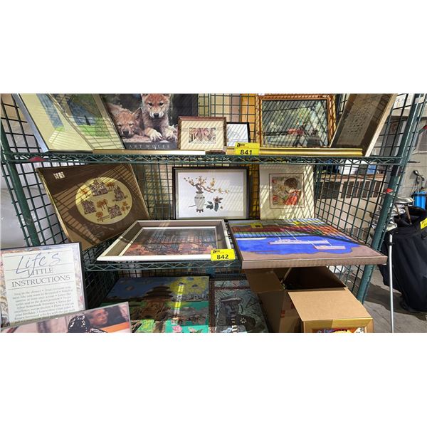 SHELF OF ASSORTED FRAMED ARTWORK