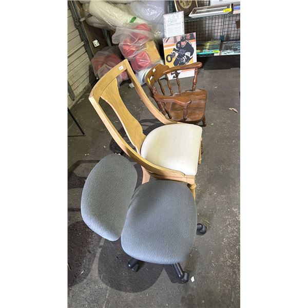 VINTAGE WOOD ARM CHAIR, PADDED WOOD CHAIR & ARMLESS ROLLING OFFICE CHAIR