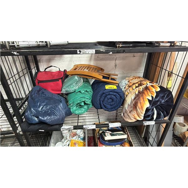 SHELF OF ASSORTED ITEMS INCLUDING TARP, SLEEPING BAG, BLANKET & MORE