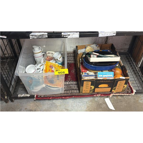 SHELF OF ASSORTED ITEMS INCLUDING; SMALL AREA RUG, CANDLES, KITCHENWARE & MORE