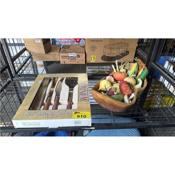 MAGNUM ROSEWOOD HANDLES DELUXE BARBEQUE 4-PC SET & WOOD BOWL WITH FAUX VEGETABLES
