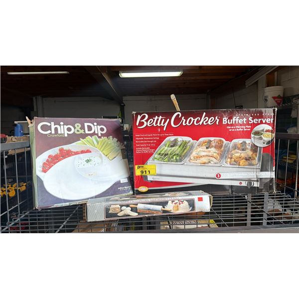 BETTY CROCKER STAINLESS STEEL BUFFET SERVER, CRAWFORD CHIP & DIP TRAY & MARBLE ROLLING PIN