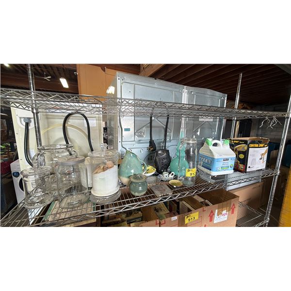 SHELF OF ASSORTED ITEMS INCLUDING; COOKIE JARS, HOME DECOR, KIRKLAND LAUNDRY DETERGENT & MORE