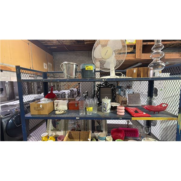 SHELF OF ASSORTED ITEMS INCLUDING; FRAMED MIRROR, GLASSES, COASTERS, CAT SELF GROOMERS, FIRE