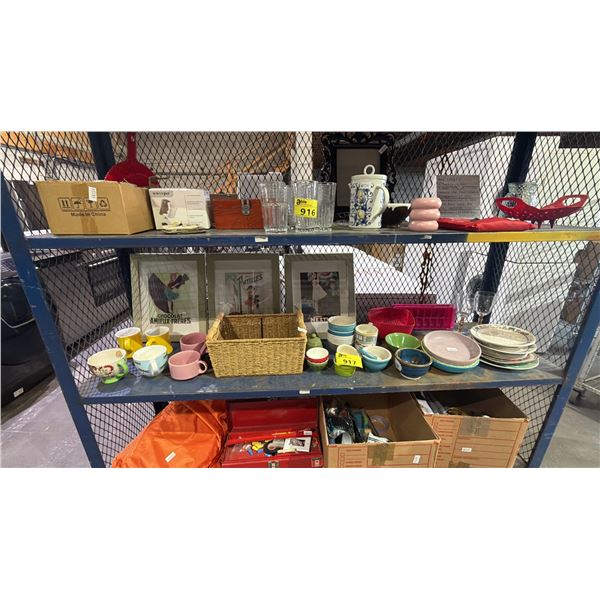 SHELF OF ASSORTED ITEMS INCLUDING; FRAMED ARTWORK, WOVEN BASKET, DINNERWARE, ICE CUBE TRAYS & MORE
