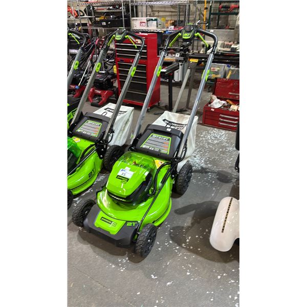 GREENWORKS PRO 21" CORDLESS LAWNMOWER WITH GRASS CATCHER BAG *NO BATTERIES/NO CHARGER/WORKING